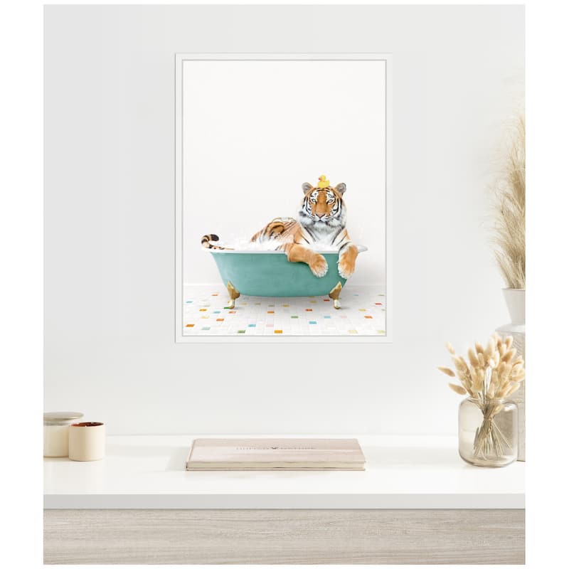 Kate and Laurel Sylvie Tiger in Teal Bathtub on Colored Tile Framed Canvas by Amy Peterson