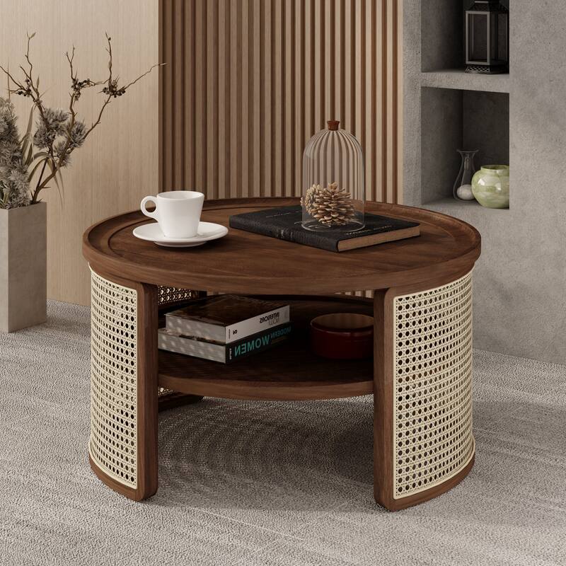2-Tiered Round Wood Coffee Table with Storage Rattan Base in 31.3''