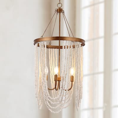 Renia Farmhouse Large 37.7inch 4-light Wood Beads Coastal Chandelier Antique Gold Light for Dining Room Bedroom Entryway