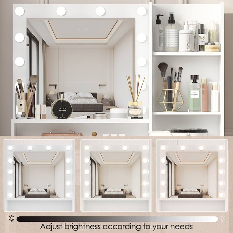 Vanity Desk with Square Mirror and Lamp, Wooden Storage Makeup Vanity Table with Large Drawers Bedroom Dressing Table