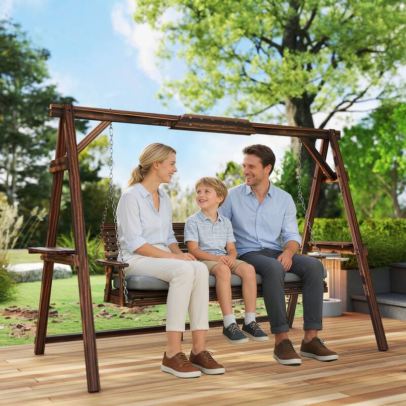 Outsunny 3 Seat Porch Swing with Stand, Wooden Patio Swing Chair with Cushion, Side Trays and Metal Chains