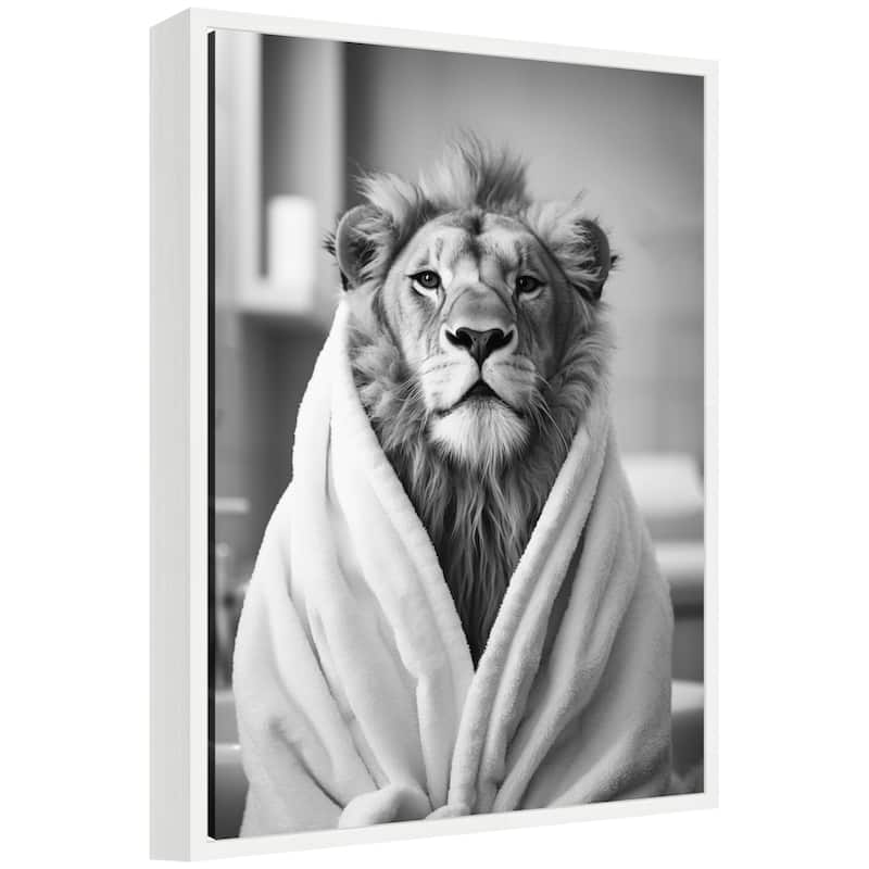 Kate and Laurel Sylvie Lion Bathroom Art Towel Robe Black and White Framed Canvas by The Creative Bunch Studio - 18x24 - White