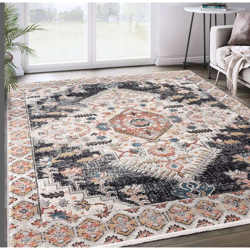 Abani Azure Collection AZR120A Dark Gray Beige Medallion Area Rug 