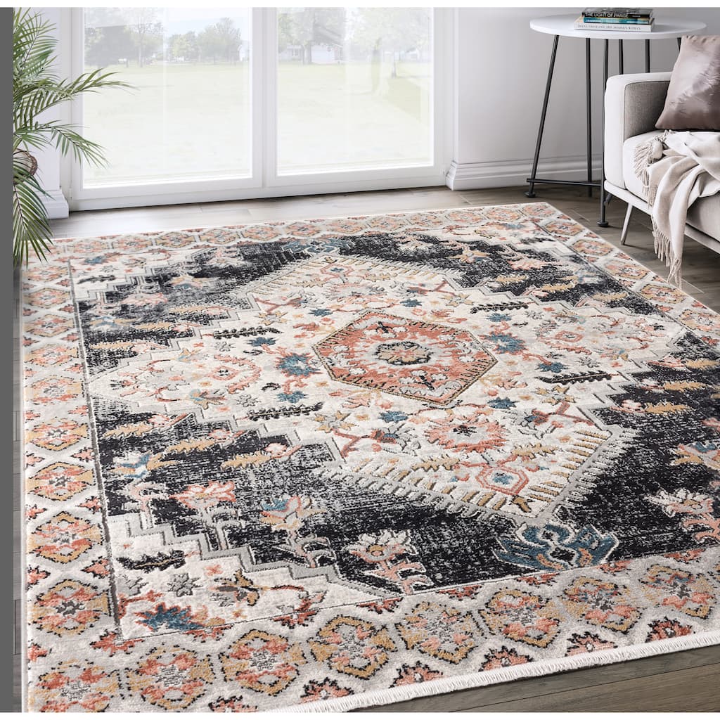 Abani Azure Collection AZR120A Dark Gray Beige Medallion Area Rug