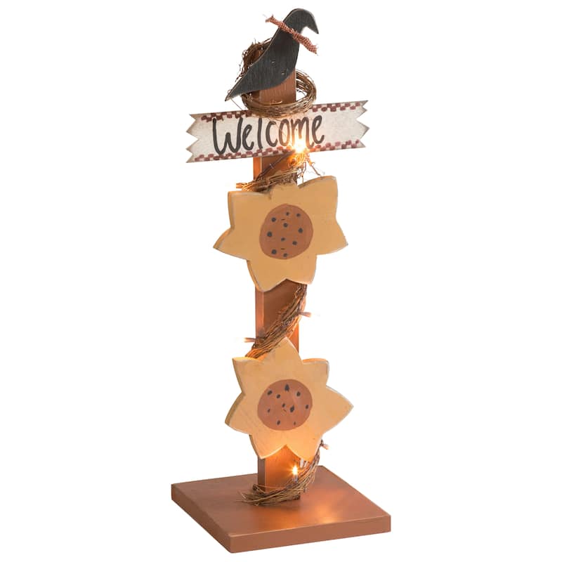 Farmhouse Light-Up Sunflower Welcome Post with Crow - Sunflowers