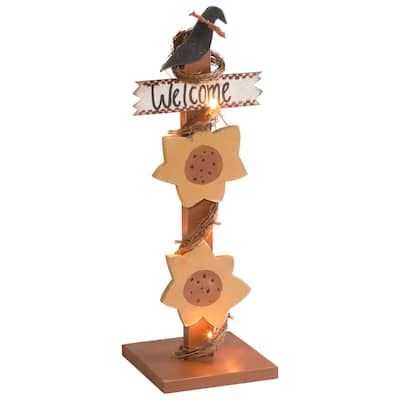 Farmhouse Light-Up Sunflower Welcome Post with Crow