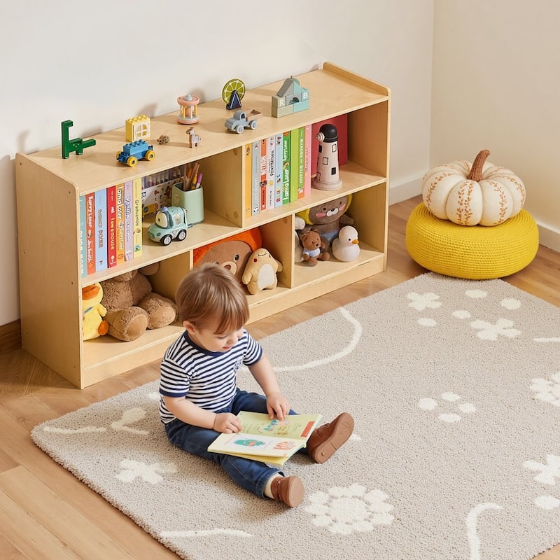 Brown Wooden Montessori Bookshelf with 5 Compartments and Top Shelf - 44.88 x 11.81 x 24.02 in