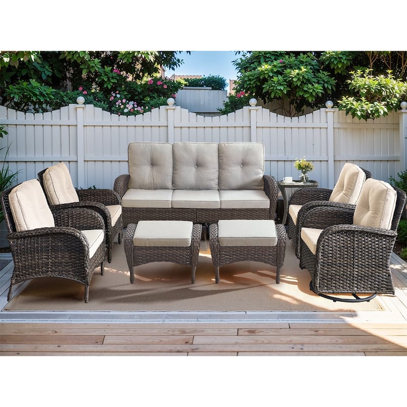 Patio Wicker Sofa Swivel Chair Set of 8 - Beige - Brown