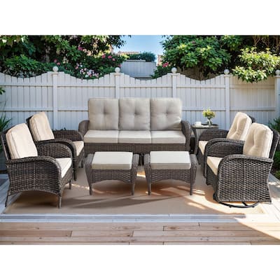 Rattan Sofa Couch with Swivel Rocking Chairs, Ottomans - Brown