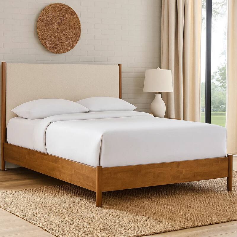 Carry Full Size Bed w Beige Boucle Upholstered Headboard, Walnut Brown