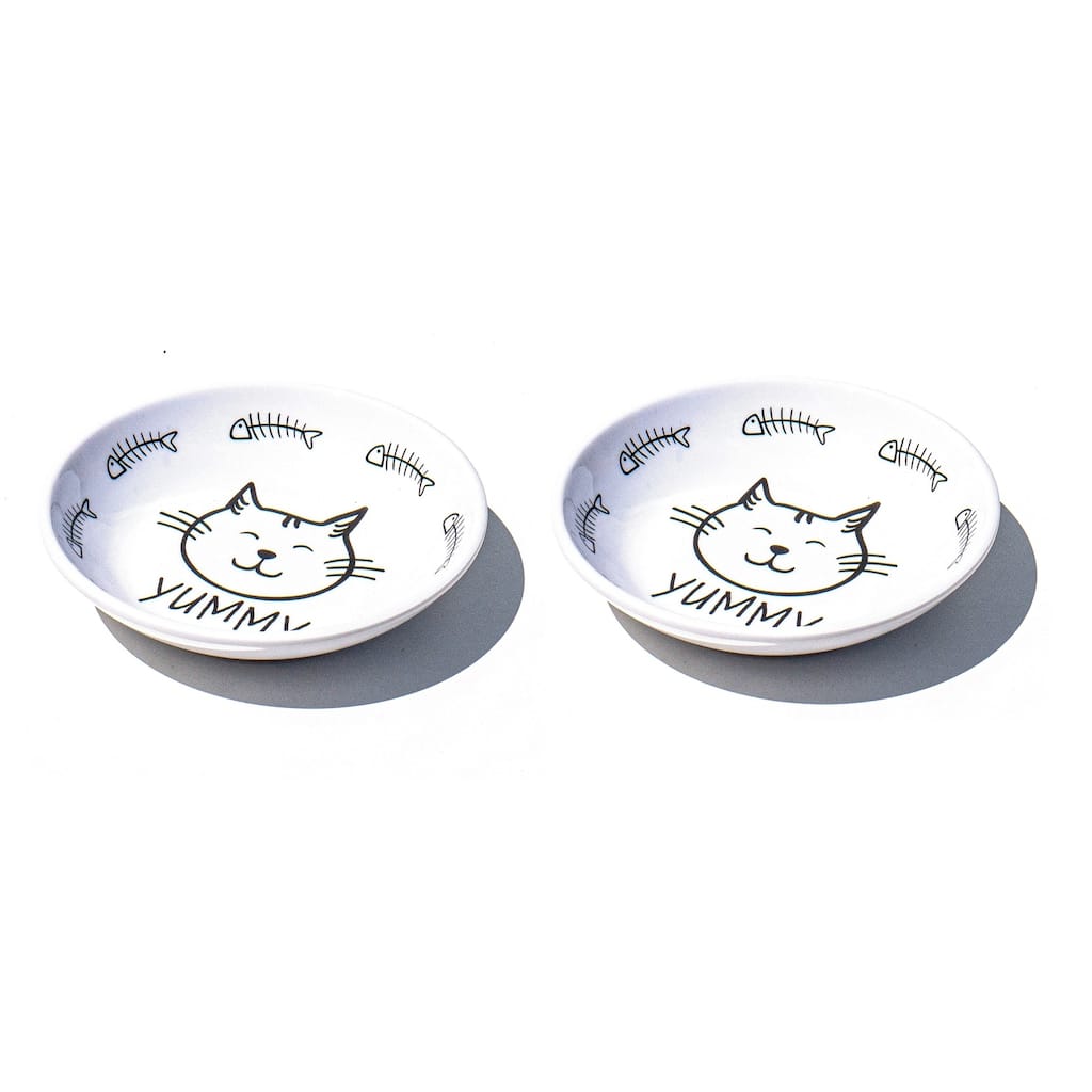 Abode Homewares Black & White Yummy Melamine Pet Saucer - 0.75 cup - Black - Set of 2