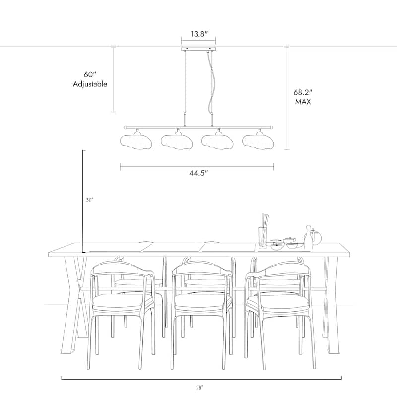 Modern 4-Light Gold Chandeliers 44 IN Linear Textured Glass Island Lights for Dining Room - W44.5" x H68.2" Max
