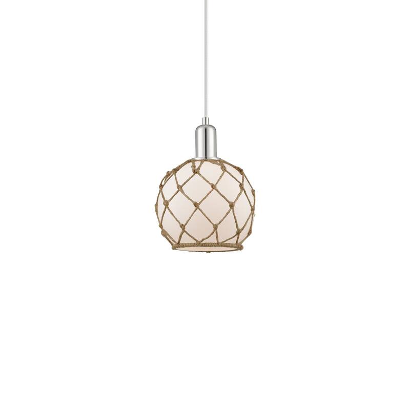 Innovations Lighting 716-1P-11-8 Farmhouse Rope Pendant Farmhouse Rope - Polished Nickel / White Glass with Brown Rope