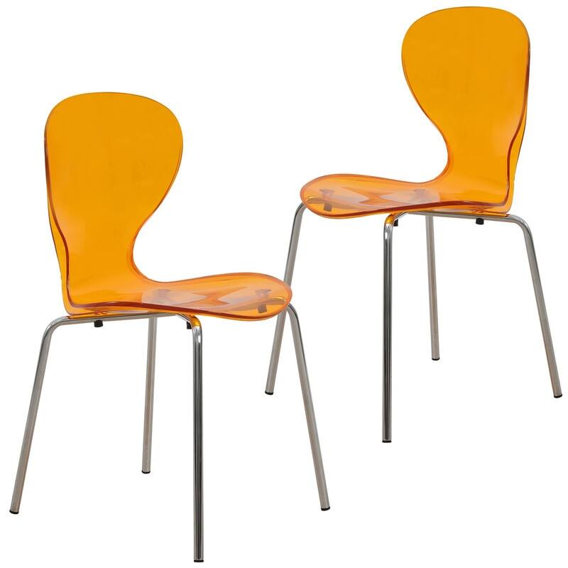 Oyster Modern Stackable Plastic Dining Chair with Curved Backrest and Accent Chrome Legs for Kitchen or Café Use Set of 2 - Transparent Orange