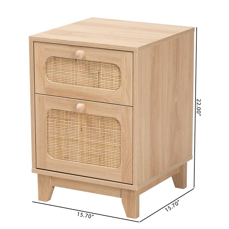 Elsbeth Mid-Century Modern Light Brown Finished Wood and Natural Rattan 1-Drawer End Table
