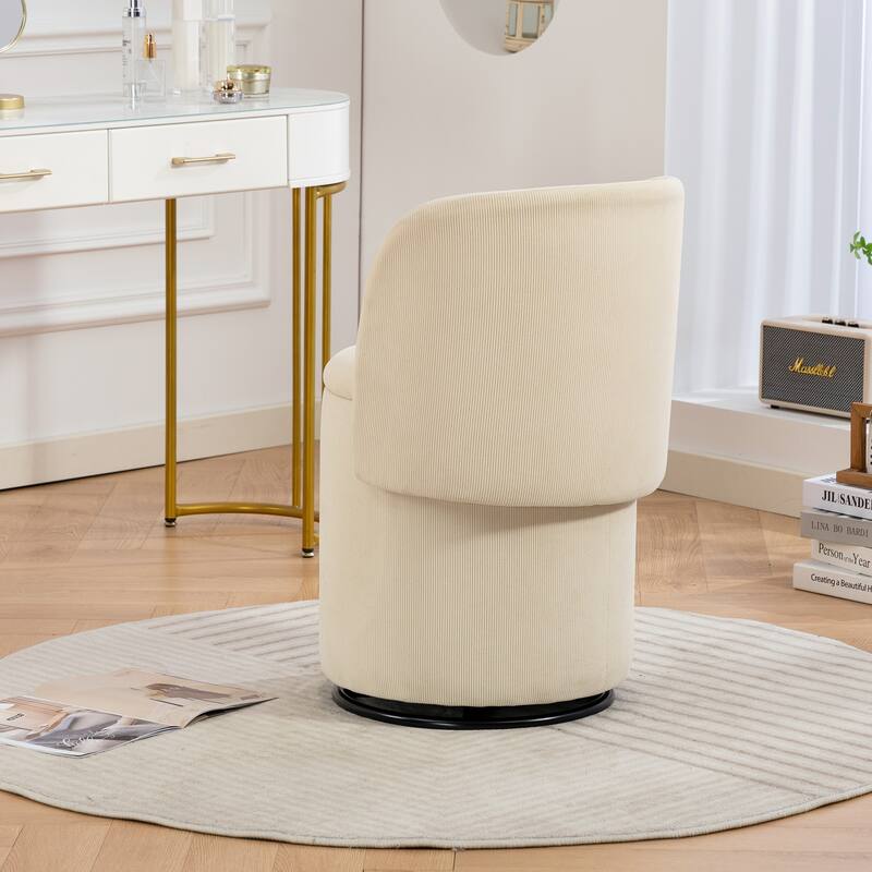 Stylish Upholstered Barrel Chair: 360°Swivel Vanity Stool for Bedroom & Dining Chair, Built-in Storage, Soft Padded Accent Seat