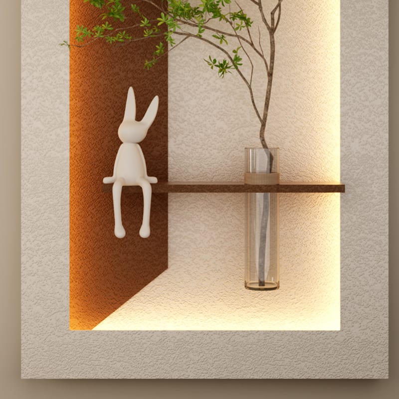 Adjustable 3-Color LED Sandstone Wall Decor with Simulated Green Plants, Glass Vase & Rabbit Statue, Remote Control Light Strips