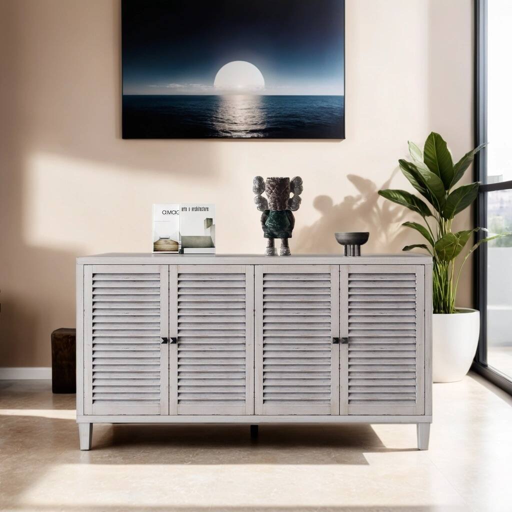 Wooden 4-Shutter Doors Storage Cabinet with Adjustable Shelves, Retro Buffet Sideboard with Handle for Living Room Kitchen