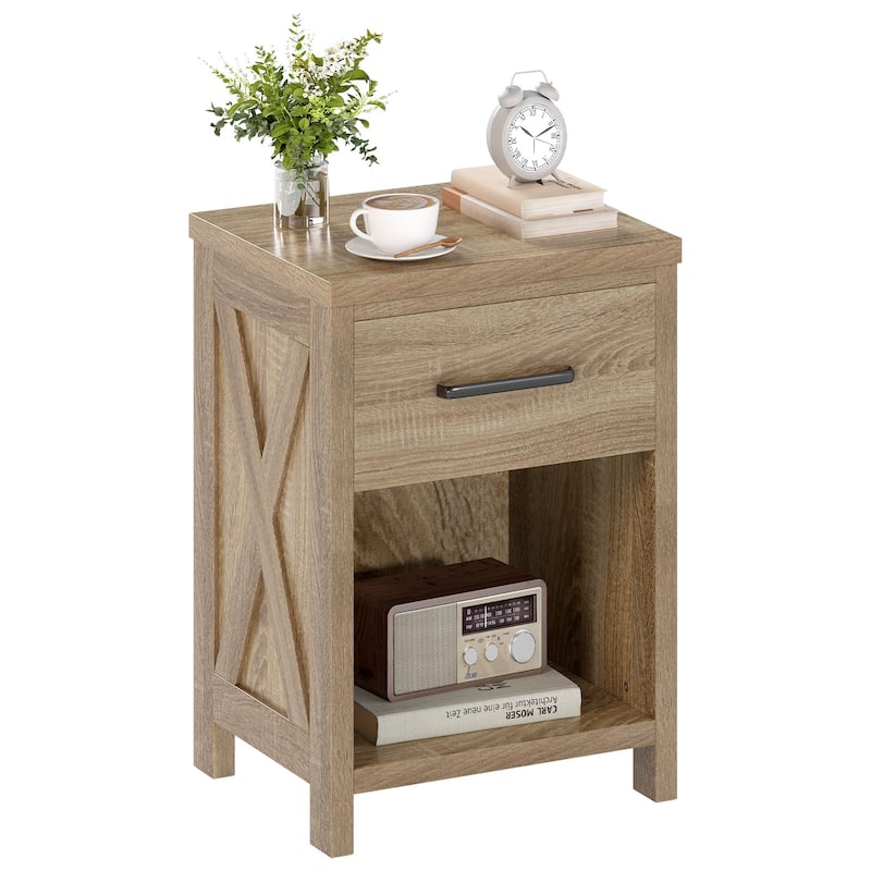 Gymax Nightstand Sofa Side Table Rustic End Table w/ Drawer & Shelf - Antique Brush White - MDF