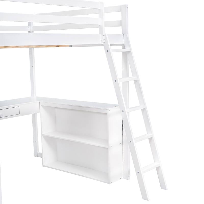 Wood Twin/Full Size Loft Bed with Built-in Desk and Shelves, Twin/Full Bedframe w/Full-Length Guardrails, for Kids Teens Adult