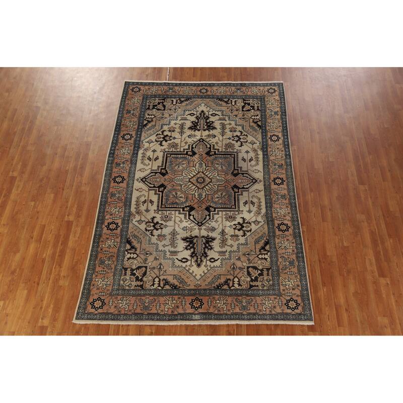 Hand Knotted Oriental 100% Wool Carpet Traditional Medallion Beige & Ivories Heriz (serapi) Area Rug - 9' 7'' X 6' 5''