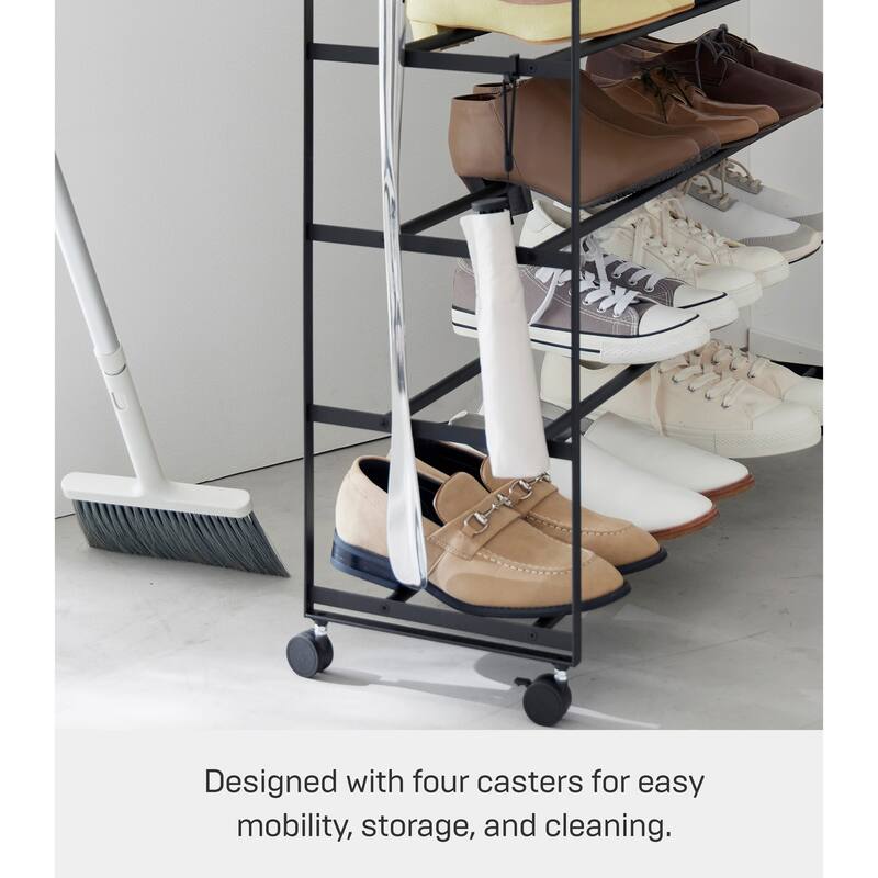Yamazaki Home Rolling Five-Tier Shoe Rack, Steel and Wood, Wheels - L 10.24 x W 35.63 x H 34.25 inches