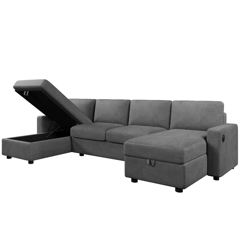 103.9" Sectional Sofa Convertible Sectional Sofa, U-shaped Sofa with Two Storage Chaise Lounges and Four USB Ports