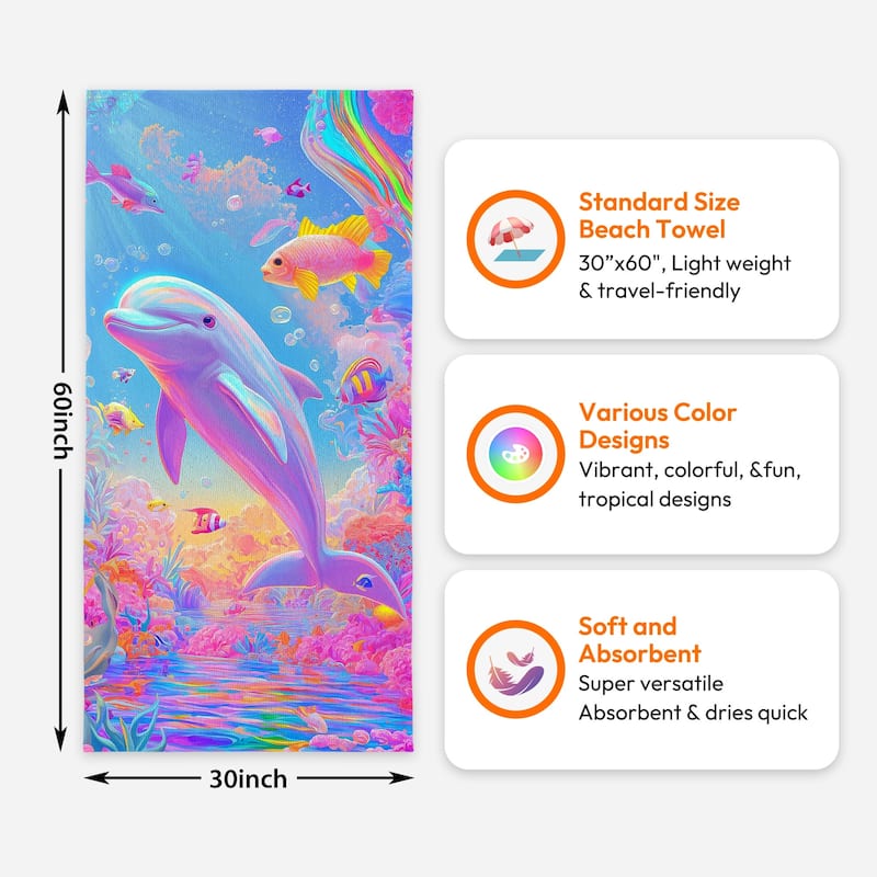 Sea Turtle Dolphin Large Beach Towel Quick Dry Absorbent 30"x60"/35"x70"