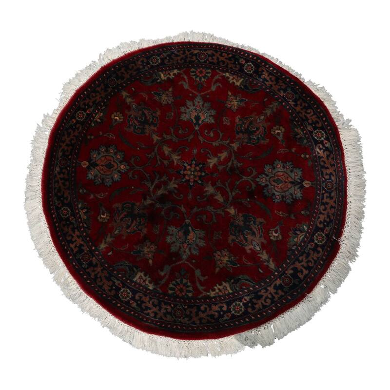 Agra Traditional Botanical 3x3 Round Hand Knotted New Zealand Wool Burgundy Rug - 3' x 3' -Round - 3'  x 3' -Round