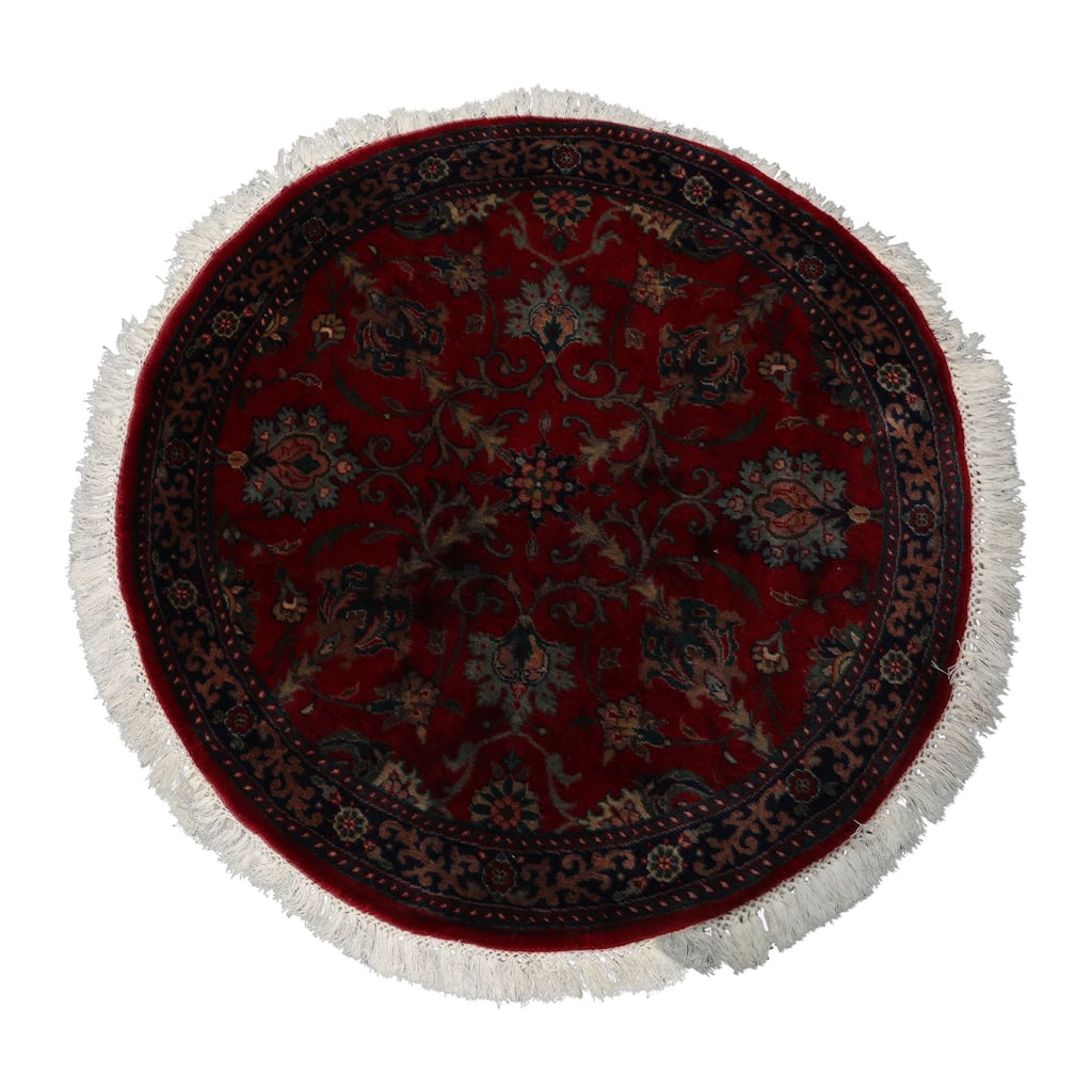 Agra Traditional Botanical 3x3 Round Hand Knotted New Zealand Wool Burgundy Rug - 3' x 3' -Round