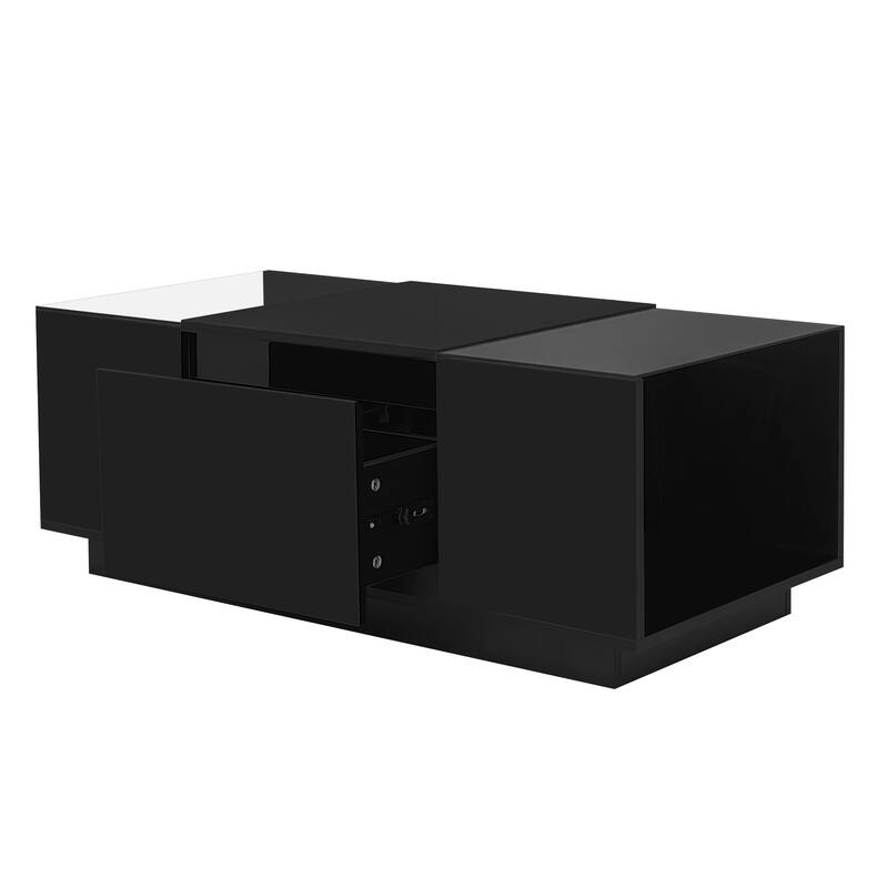 LED Coffee Table with 2 Drawers, Rectangle High Gloss Center Table, Modern Glass Tabletop Storage Table for Living Room
