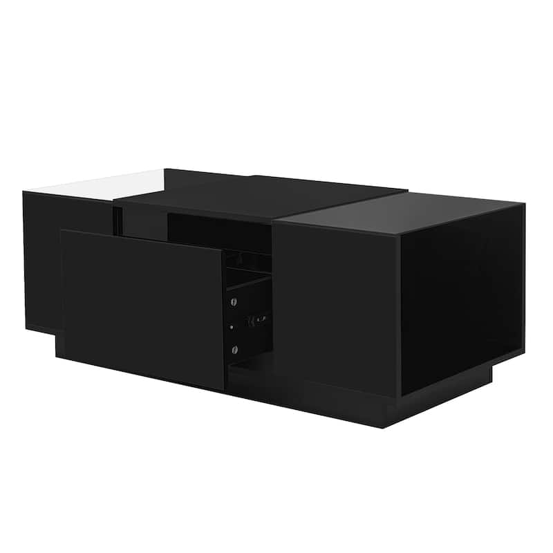 Modern Center Table with High-Gloss Finish and Glass Tabletop, Coffee Table with Open Storage Compartment and 2 Hidden Drawers