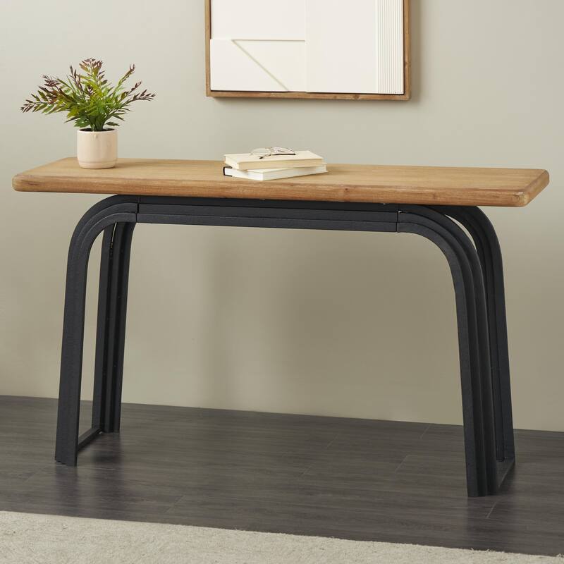 Metal Layered Arch Console Table with Brown Tabletop - Black - Roche River Decor