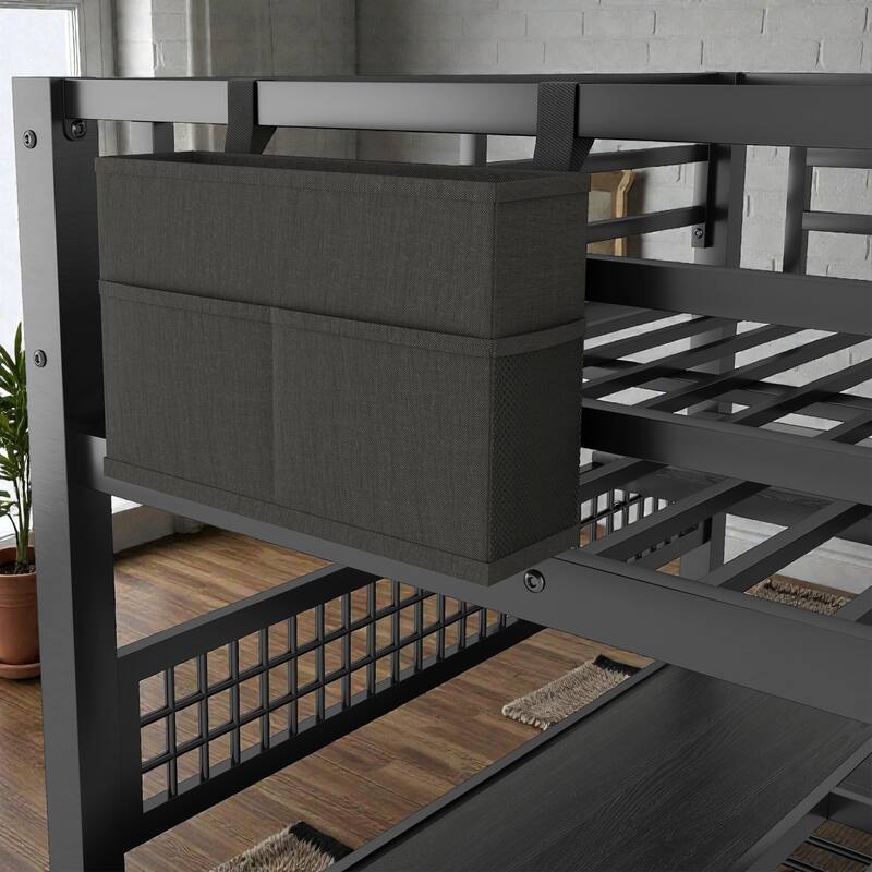 Full Size Metal Loft Bed with Staircase Storage, Wardrobe, L-Shaped Desk, Shelves, LED Lights and USB Charging Station