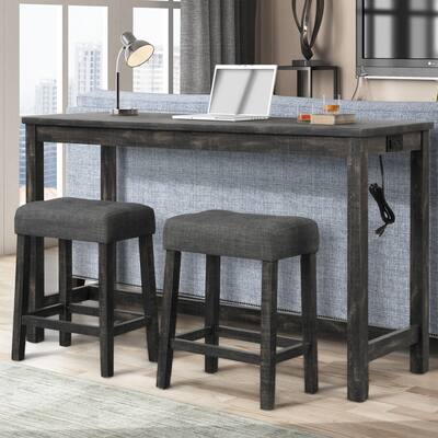 Best Master Furniture Sidia 3 Piece Rustic Farmhouse Rectangular Console Bar Set with Electrical Outlet and 2 USB Ports