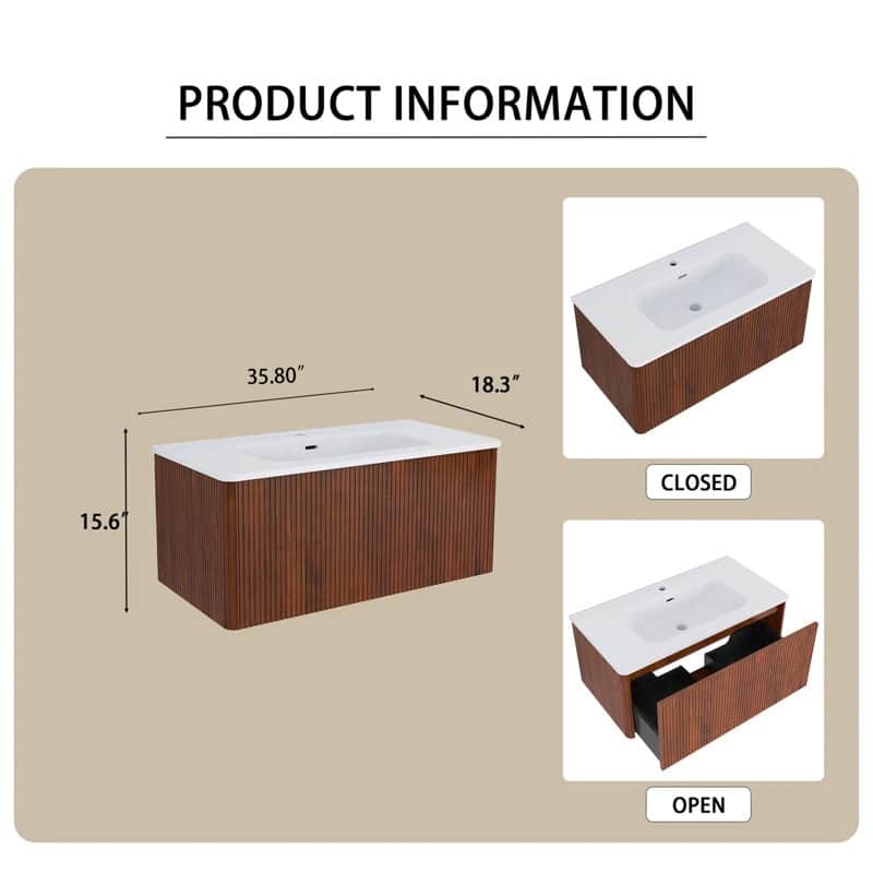 36 inch Wall-Mounted Bathroom Vanity Set in Walnut with Integrated Ceramic Sink