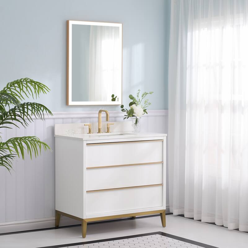 36"/48"/60" W Width Solid Wood Bathroom Vanity with Stain-resistant Carrera White Quartz Top and Sink
