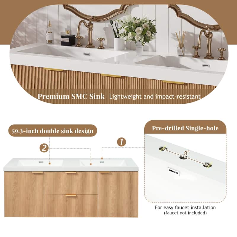 59.3" Double Sink Bathroom Vanity with SMC Resin Countertop, Wall-Mounted Floating Design, and Soft-Close Doors