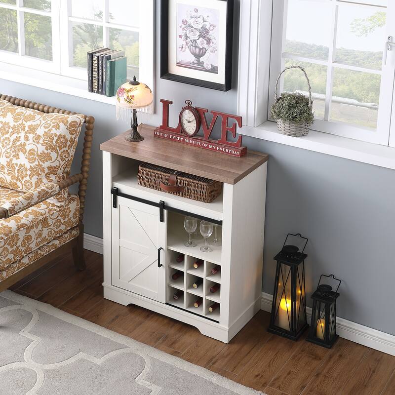 Farmhouse Storage Cabinet with Sliding Barn Door & Wine Shelf, Small Storage Cabinet for, Kitchen, Living Room, Rustic O