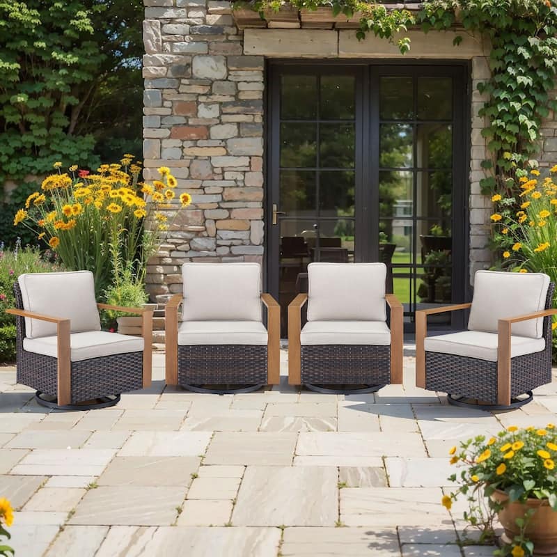 Pocassy 4 Pieces Outoor Swivel Chairs Glider Chair Set - Beige cushion - Brown Wicker