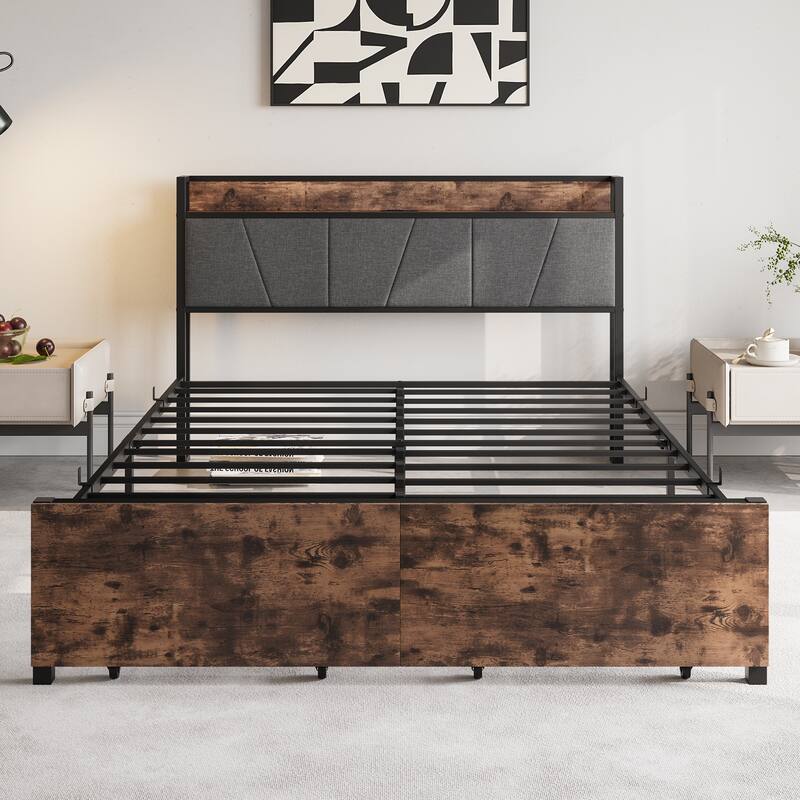 Modern Full/Queen Bed Frame with USB Ports, Outlets, and Storage Drawers, No Box Spring Needed