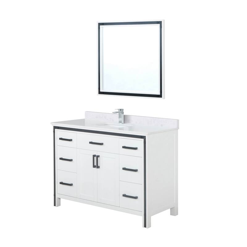 Ziva 48 in W x 22 in D White Bath Vanity, White Quartz Top, Faucet Set and 34 in Mirror