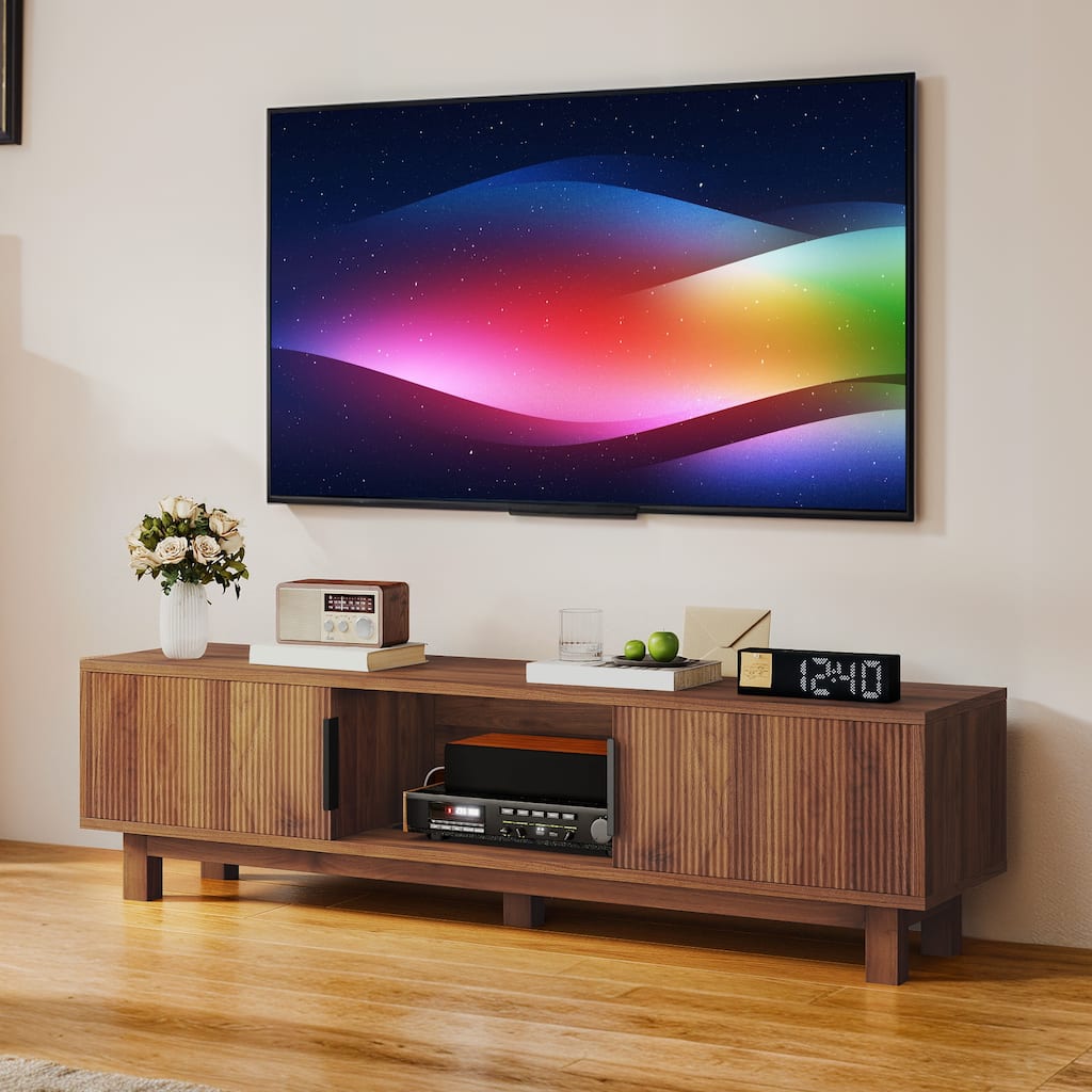 59"W Fluted TV Stands for TVs up to 65 Inches, Entertainment Center with Power Outlets