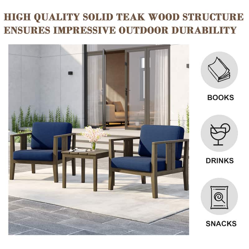 Uixe 3-piece Teak Solid Wood Outdoor Arm Chairs with Side Table Set