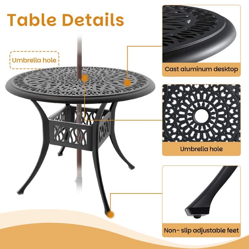 5-Piece Aluminum Round Outdoor Patio Dining Set, 4 Cushioned Swivel Chairs, Table, All-Weather Frames