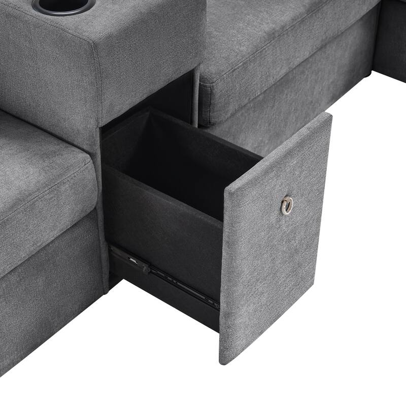 Modern 5-Seat Modular U-Shaped Sectional Sofa with Chaise, Storage Drawer, Built-In Cup Holders and Throw Pillows