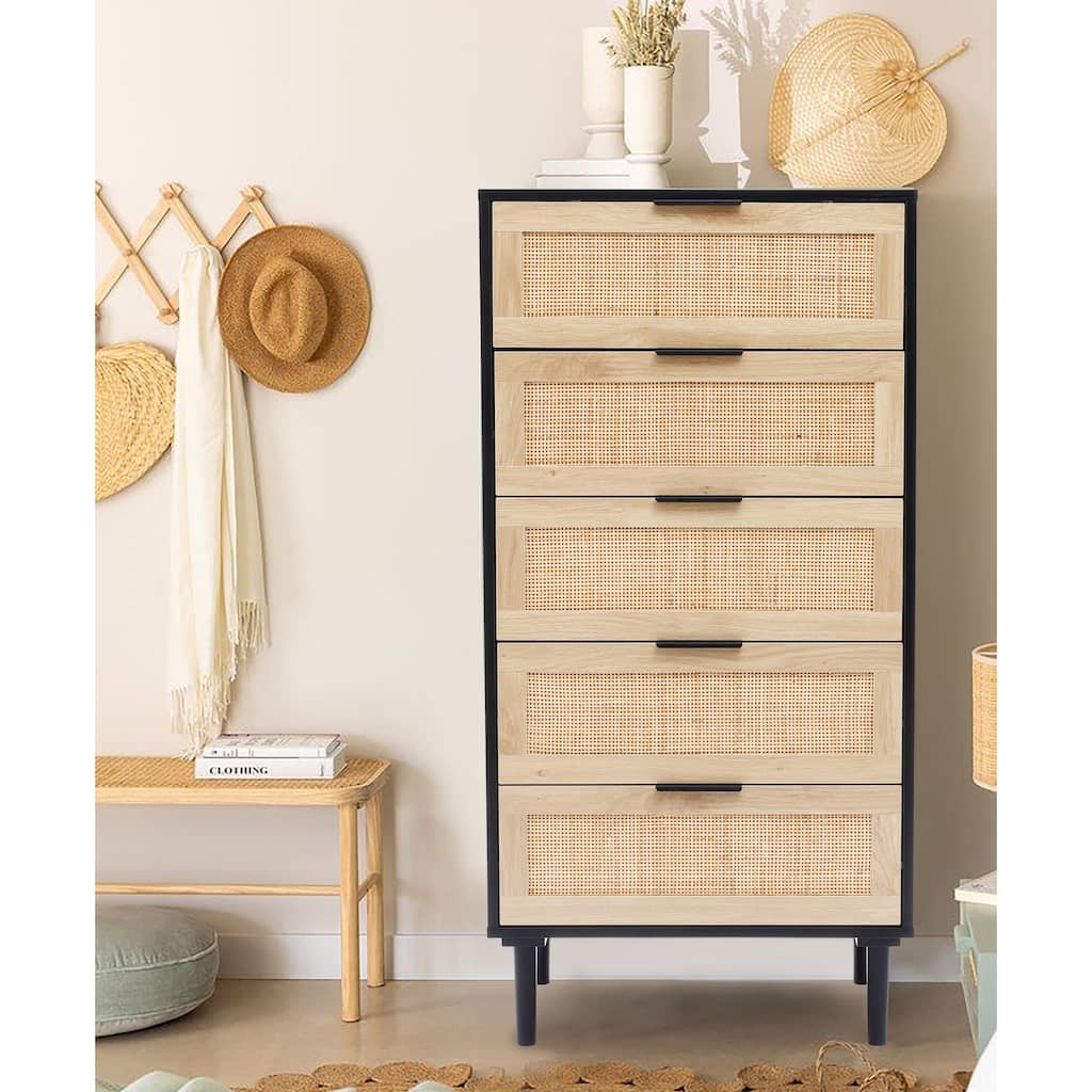 5 Drawer Rattan Dresser - Black/Natural