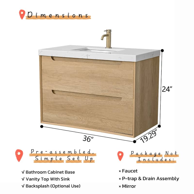 Prismis 36" 48" Wall-Mount Premium Bathroom Vanity with Upgraded Top
