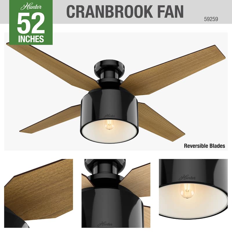 Hunter 52" Cranbrook Ceiling Fan with LED Light Kit and Remote - Mid-Century Modern, Low-Profile