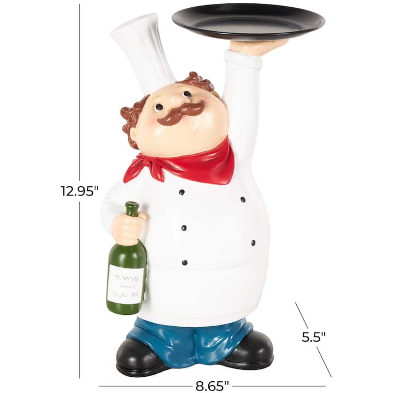 White Polystone Kitchen Decorative Figurine Chef Decorative Sculpture with Black Tray and Green Bottle